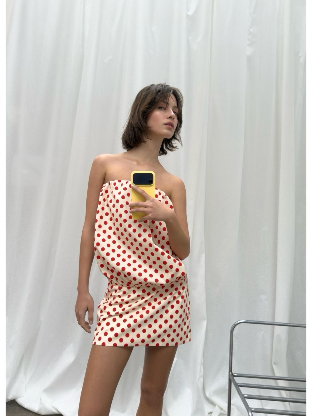 Zara Strapless Cream Mini Dress with Red Polka Dots